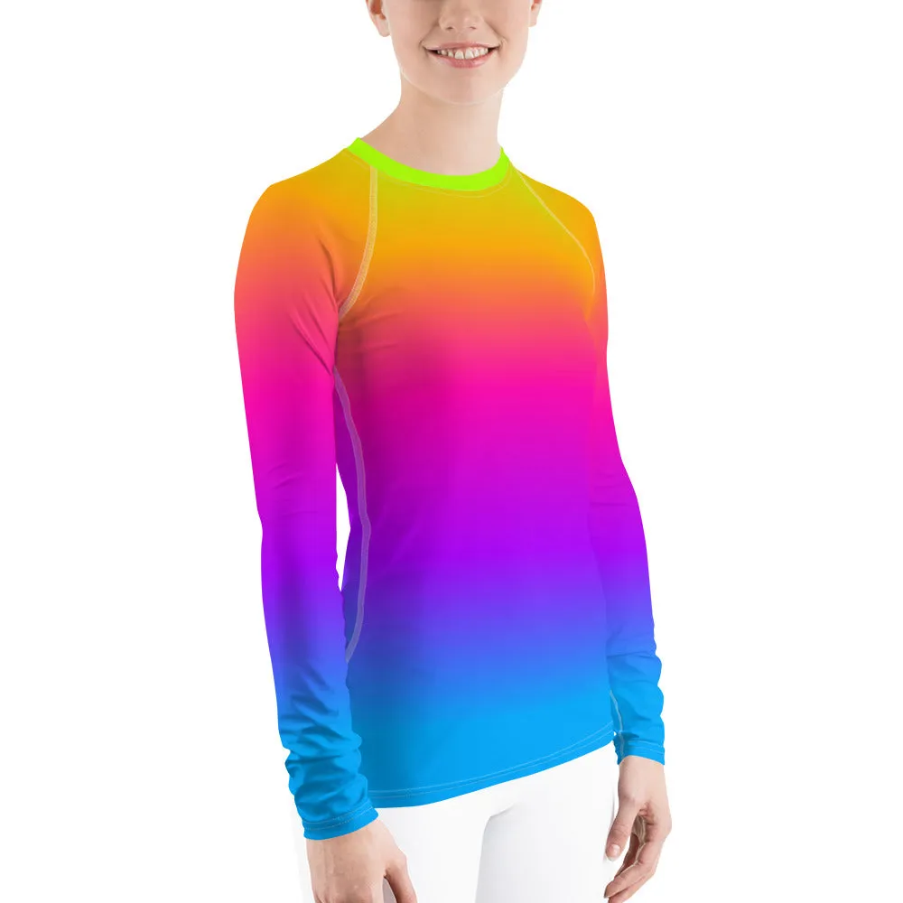 Women's Rash Guard, Pop Rainbow Colors, Neon Tie Dye Surf wear, Printed Top, Blue Purple Orange Swimwear, Colorful Rash Guard