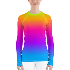 Women's Rash Guard, Pop Rainbow Colors, Neon Tie Dye Surf wear, Printed Top, Blue Purple Orange Swimwear, Colorful Rash Guard